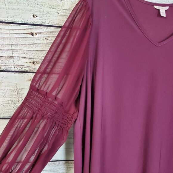 EST. 1946 Women's 18/20W Plum Long Sleeve Blouse Sheer Bell Sleeves Ruffle Trim - Picture 2 of 7